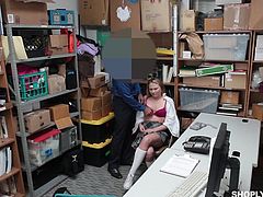 Alyssa Cole got caught stealing some merchandise. Loss prevention officer had to make sure this girl will not be committing any more crimes, so he took out his big cock, in order to teach her a lesson, she will not soon forget. She didn't complain much, she loved it. After all, she got out of trouble!