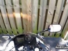 Perky ebony fucks outdoors on bike