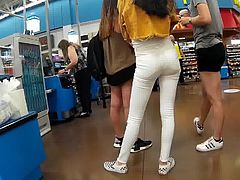 Tight white jeans showing off teen pussy gap