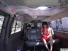 He was shy at first, but soon he wanted to get close to the beautiful babe in the backseat of the bangbus. After slipping out of her sexy red dress, she sucked him off and got him hard. Will he be able to stay erect long enough to fuck her cunt?