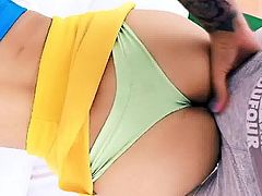 Huge Ass and Big Boobs Tattooed Latina Upskirt Riding On Coc
