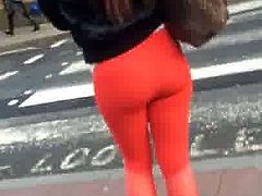 Fine ass on a girl in tight bright red leggings p1