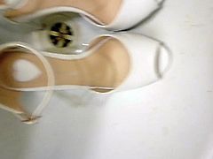 Piss in chastity on my wife wedding high heels shoes