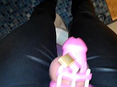 Peeing in wetlook Leggings and chastity cage
