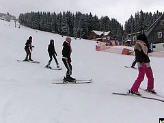 Masturbate and fuck These four hotties planned a little ski trip for themselves that had them hitting the slopes during the day and hitting the sheets at night for hot foursome lesbian sex