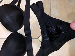 Huge cumshot after pissing in black panty and bra