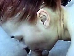 Redhead blows a small cock in the car