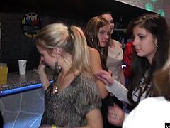 Meanwhile a blonde has her white skirt hiked up as she gets fucked from behind by a naked man. Two brunette beauties are kissing and getting it on with each other while two blondes and a different brunette are all fighting over a hard dick