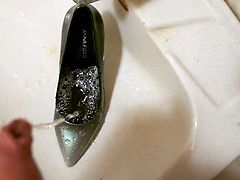 Piss in wifes black and grey stiletto high heel