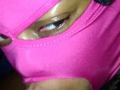 Masked ebony slut sucks older white cock