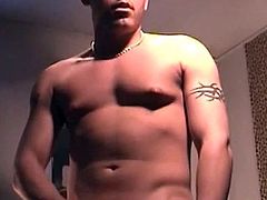 He strokes his cock until its rock hard and then he lets me measure his hefty 8.5 inch dick. After working it for a while he begins to show signs of relief and blows a nice cum load onto his stomach.