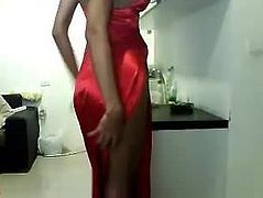 Sexy asain tranny in red dress cums