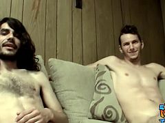 Horny friends jerking off their dicks hard until hot climax