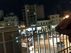 Greek Hotel Jerking Off above public busy street