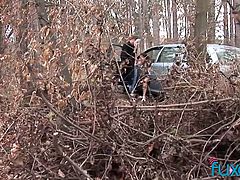 Horny dude fucks sweet looking girlfriend in the forest