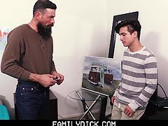When this daddy finds a condom in his boy’s room, he immediately questions whether or not he’s having sex! A simple demonstration on condom use crosses a sexy line when the bearded daddy offers to show him how with his own, hard cock! Seeing his friend fully erect, the young, twink son can’t help but drop to his knees to suck his big, slick shaft!