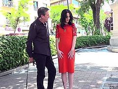 Slave in red dress humiliated in public