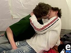 Skinny emo twinks get busy in a tent by kissing and sucking