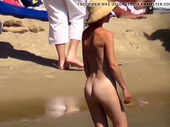 Hot naked small tit hottie walks on nudist beach