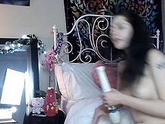 Brunette girl orgasm with glass dildo