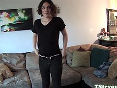 Auditioning tranny tugging her hard cock