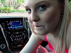 This blonde babe, Lily Rader, knows the best way to pay for the fare and to express gratitude. She pulls driver's thick dick out of his pants and starts to suck on it... Check it out now, you won't be disappointed!