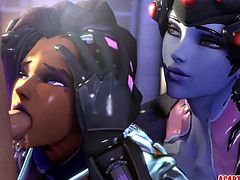 Sombra from Overwatch gets fucked hard and start blowing big dicks just before getting hammered.