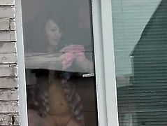 Naked mom washes window son spies on mommy. Naked in public. Spying Spycam