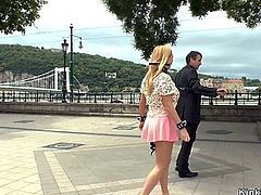 Busty blonde butt plugged in public