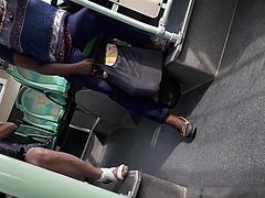 Chinese Mature Leg Spread on Bus