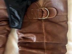 Cumming on Sisters Boots and Leather Thong