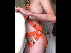 Gay furry teen strokes and cums hard in harness and tail