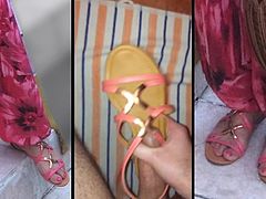 Beautiful woman shoejob and cum in her sandals