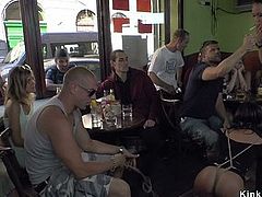 Petite beauty gangbang fucked in cafe