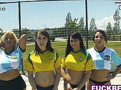 Latina soccer teen besties share a big cock outdoor