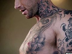 Tattoo gay threesome with cumshot