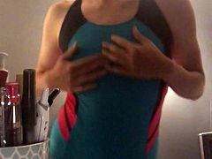 Gay Guy Teases in Womens Tight Blue Swimsuit