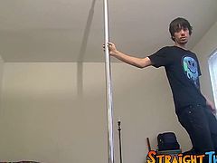 Pole dance show and jerk off with horny young straight stud