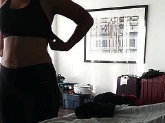 Asian milf wife: Focus on big tits, long nipples, leggings