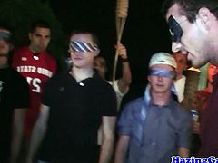 Blindfolded twinks tugging dongs at hazing
