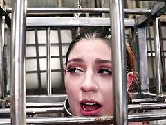 with a cage on her head and big dicks in her hands