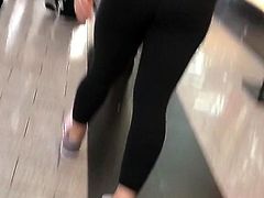 Blonde spandex teen in mall
