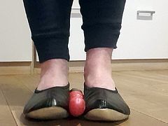 Black leather gymnastic slipper play with a dildo