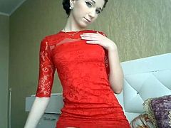 Sexy teen girl in red dress slowly shows pussy