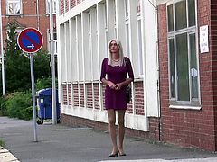 Crossdresser Tranny wears tights and short dress in public