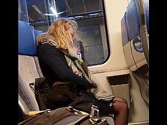 Upskirt candid shots and pantyhose on train and bus