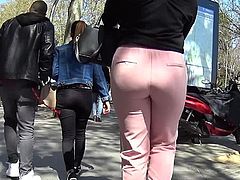 Sexy Ass Ebony MILF In Pink Jogging Pants With VPL