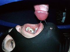 FAG in mask eating top's sperm. Cum in the mouth