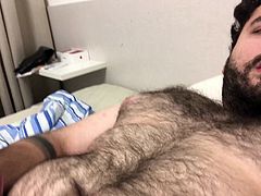 gay chub bear jerking off and cuming on his body