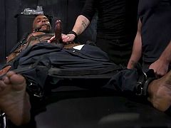I think now, lying tied on this metal table, this black guy realized that he was deceived and he became a toy in the hands of tricky seducers. Prepare for difficult trials, in a few minutes this blindfolded sex slave will receive his first anal dildo